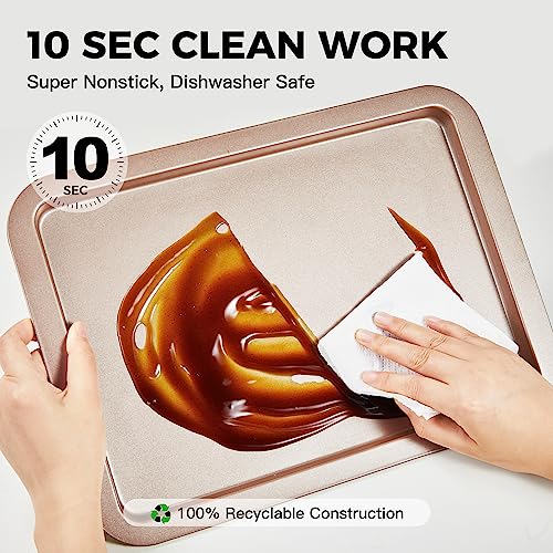 HONGBAKE Cookie Sheets, Baking Sheet Set, Nonstick Oven Pan with Wider Grips, 3 Pack Half/Jelly Roll/Quarter Baking Tray, Premium & Dishwasher Safe - color: Champagne Gold