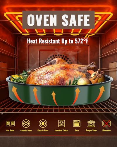 Round Turkey Roasting Pan Set of 4, Enamel Deep Dish Pizza Baking Pan - color: Green