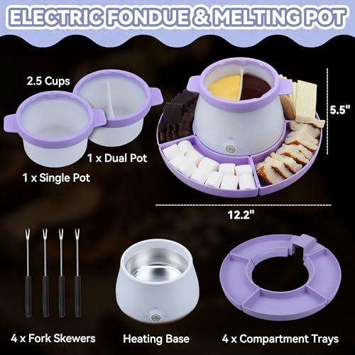 Party Desserts Electric Fondue Pot Set with 2 Pots, Melting Chocolate Warmer for Dipping, Candy & Chocolate Melting Pot, Fondue Pot Electric Set, Fondue Forks Included, 2.5 Cups, Lavender - color: Lavender