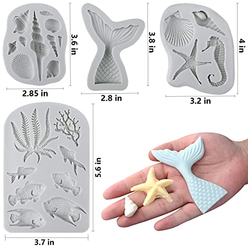 Sakolla 4 Pcs Marine Theme Silicone Fondant Molds, Mermaid Tail Seashell Conch Starfish Shape Silicone Molds for Cake Decoration, Chocolate, clay, Crafting - color: Marine Theme 4 Pcs/Grey
