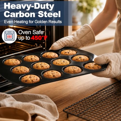 UWILLION Muffin Top Pan, 12 Cavity Nonstick Shallow Cupcake Pan, 3 Inch Carbon Steel Baking Tray, Oven Safe up to 450°F, for Muffin Tops, Eggs, Cornbread, Cookies, Whoopie Pies