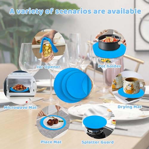 8 10 12 Inch Microwave mat, Trivet, Multi-Purpose Hot Pad,Pot Holder,Baking,Drying, Silicone mats for Microwave,Dishwasher Safe - Splatter Guard, Set of 3,Grey,Blue - color: Blue
