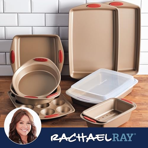 Rachael Ray Cucina Nonstick Bakeware Baking Pans Set, Baking Set 10-Piece - color: Latte Brown with Cranberry Red Grips, size: 10 Piece