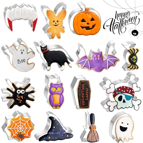 15 Pcs Halloween Cookie Cutters Stainless Steel Fall Cookie Cutter Shape Set DIY Holiday Biscuit Cutter Mold with Ghost Pumpkin and more Halloween Set for Food Party Baking Supplies Decorations - style: 15Pcs Halloween Cookie Cutters