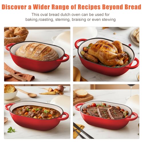 5 QT Enameled Cast Iron Sourdough Bread Oven, Loaf Pan with Lid - color: Red, size: 5 QT