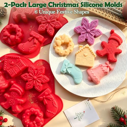 2 Pack Large Christmas Silicone Molds, Holiday Baking Molds for Chocolate Gingerbread Man House Bell Snowflake Wreath Stocking Silicone Mold for Candle Soap Mini Cake Jelly Ice Cube Xmas DIY Crafts - color: Red
