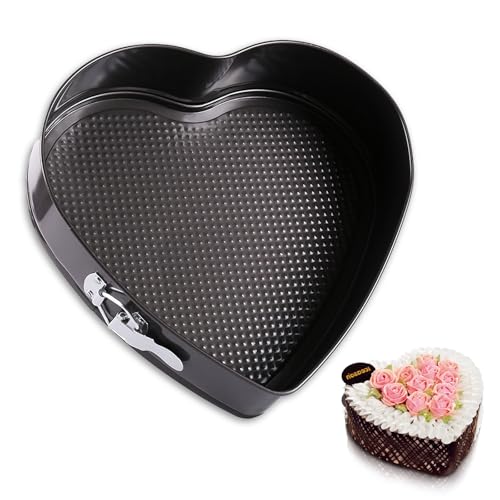 10 inch Heart Shape Cake Tin, Removable Base, Stainless Steel Cake Mold with Snap Closure and Non Stick Layer, Easy to Demould, for Chiffon Cake, Black
