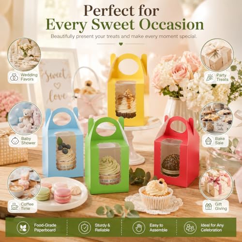 Cupcake Boxes with Window, 25 Pack Single Dessert Gift Boxes with Adjustable Insert Fits 1.7"–3" Cupcakes, Muffins & Cocoa Bombs for Parties, Bake Sales & Baby Showers (Yellow) - color: Yellow, size: 25 PCS