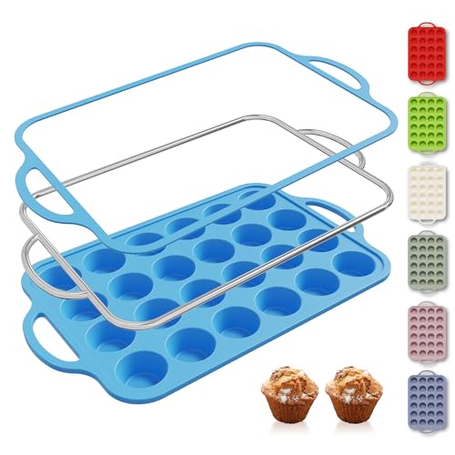 24 Cups Silicone Muffin Pan with Metal Reinforced Frame Cupcake Tray Egg Mold Mama Mommy Mom Ever Christmas Xmas Birthday Law Step Stepmom Stepmother Who Have Everything Good Unique Useful Present - color: Blue, size: 1pc: 24-Cup Mini