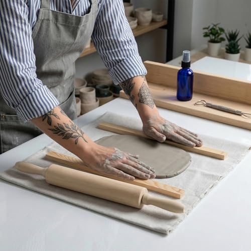 12 Pcs Pottery Tools Set with Clay Rolling Pin, Wooden Rolling Pin for Pottery Wheel, 10 Teaching Mud Stick Guides, Linen Tablecloth for Ceramic Craft, Portable Wedging Board Alternative