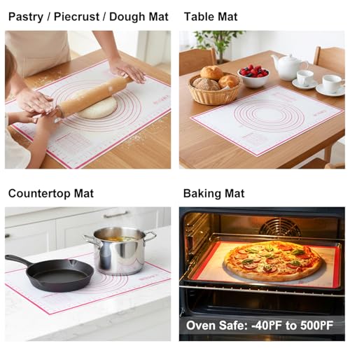 Silicone Baking Mat 23.6" × 15.7" Extra Large Pastry Dough Mat with Measurements For Rolling Dough Bread Pizza Pie Crust Fondant Making Oven Liner Kitchen Counter Non-Slip Non Stick Reusable
