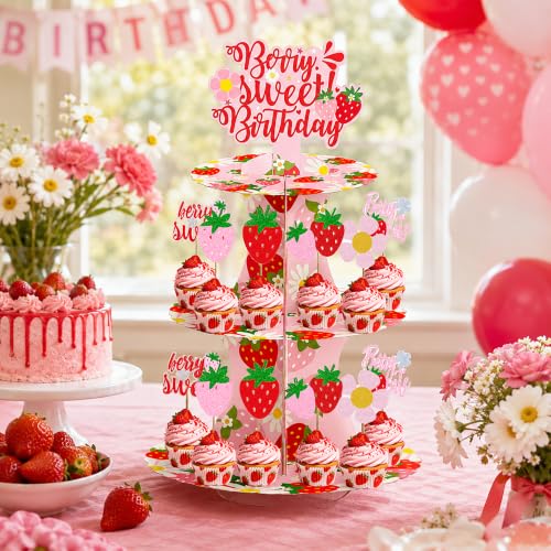 Berry Sweet Birthday Cupcake Stand Set, 12 Glitter Cupcake Toppers