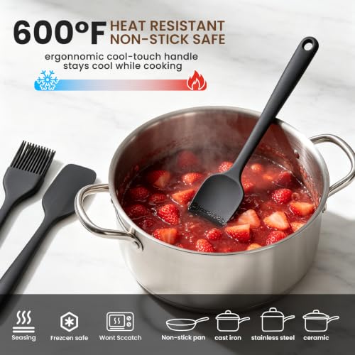 Silicone Spatula Set,9-Piece BPA Free Food Grade Heat Resistant Spatulas for Cooking Baking,Seamless One Piece Design,Non-Stick Safe,Dishwasher Safe,Withstands -104°F to 600°F（Black）