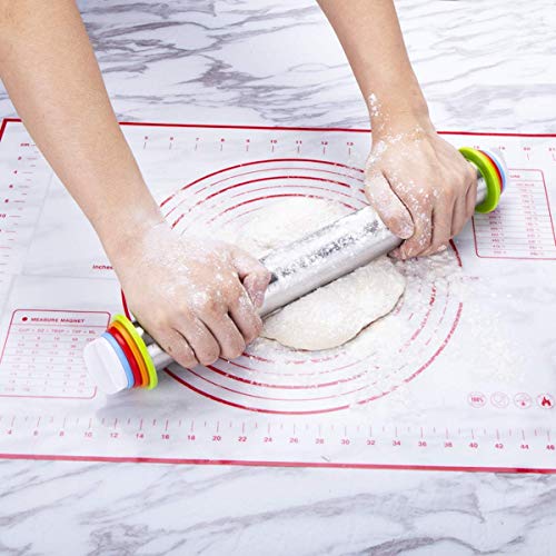 Stainless Steel Rolling Pin & Baking Mat Set with Adjustable Thickness Ring - size: 17-inch Red