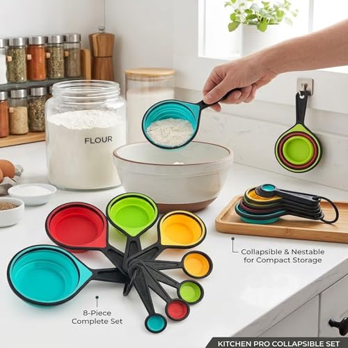 8pc Collapsible Measuring Cups and Spoons Set with 3pc Silicone Funnels for Kitchen Use Filling Bottles, Bottle Brush & Adjustable Tools for Camping