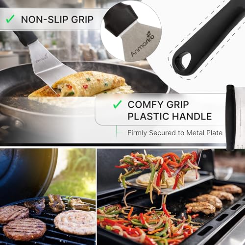 Metal Spatula Griddle Accessories Set - Griddle Scraper Flat Spatula Pancake Flipper Hamburger Turner - Metal Utensil great for BBQ Grill Flat Top Cast Iron Griddle - Commercial Grade - color: Plastic handle set