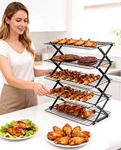 5 Tier Collapsible Cooling Rack, 2/3/4/5-Tier Upgraded,Adjustable ＆ Stackable Baking Rack, 5 Modes Cooling Racks for Cooking and Baking, Roasting ＆ Grilling Gifts for Picnic Party - color: Black