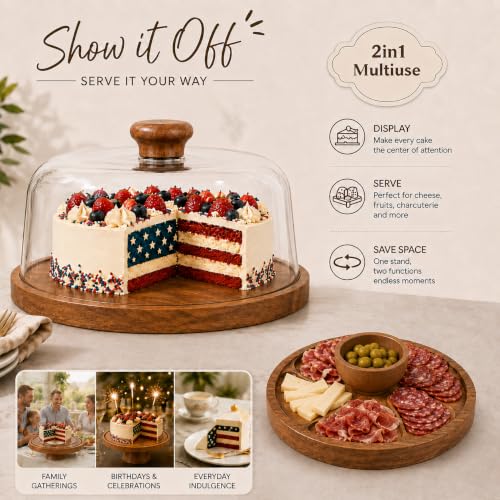 Acacia Wood Cake Stand with Lid Anti-Mold 12 Inch - 2-in-1 Wooden Charcuterie Board - Covered Dessert Plate with Acrylic Dome - Vintage Pastry Display -Tall Domed Serving Stand Platter - Brown - color: F - Brown