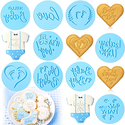 9 Pcs Baby Shower Fondant Embosser for Boys 3D Design Light Blue Cookie Stamp for Baking Acrylic Fondant Stamp for Baby Shower Party Decorating Topper Icing Cake Cupcake Chocolate Biscuit