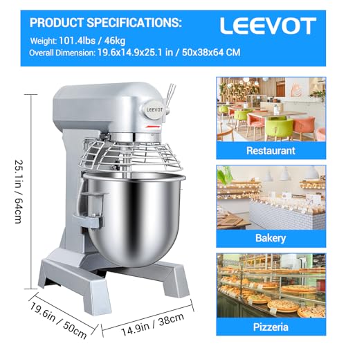 LEEVOT 15Qt Commercial Food Mixer, 600W Commercial mixers, 3-Speed Dough Kneading Machine, Heavy Duty Stand Mixer for Bakery, Pizzeria, Restaurant, Home Kitchen & Dough Making 110V 60Hz - size: 15QT+Timer