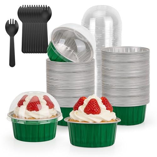 100-Pack 5 oz Green Mini Cake Pans with Lids, Disposable Aluminum Foil Baking Cups, Muffin Tins, Ramekins for Cupcakes, Brownies, Pudding - Festive for St Patricks Day, Birthday Party Supplies - color: Green