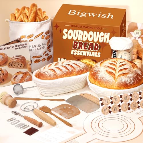 Sourdough Starter Kit with Banneton Proofing Basket, Starter Jar and Tools - color: Brown