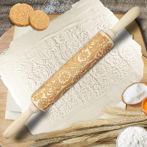 Embossed Wooden Rolling Pin, Embossing Rolling Pin for Baking Fondant, Pizza, Pie, Pastry, Pasta, Dough, Cookies, Suitable Christmas, Father and Mother's Gift - size: Snowflake 13.8'' x 1.96''