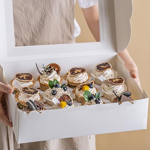 18 Pack Cupcake Boxes Hold 12 Standard Cupcakes, 13 x 10 x 3.5 Inch Paper Dozen Cupcake Containers Bulk with Window and Inserts, Disposable Bakery Pastry Carrier for Muffins, Cookies, White
