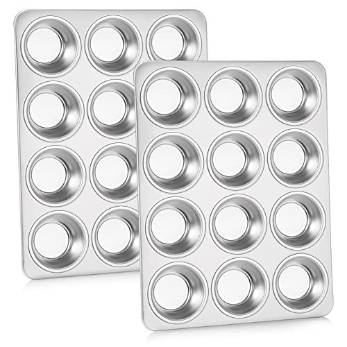 P&P CHEF 12-Cup Muffin Pan Tin, Stainless Steel Cupcake Pan, 2Pcs - size: 12 Cup