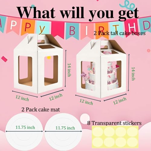 Cake Boxes - 2 Pack Tall Cake Box 12x12x14 Inch, 6 Windows - color: 12X12X14-White