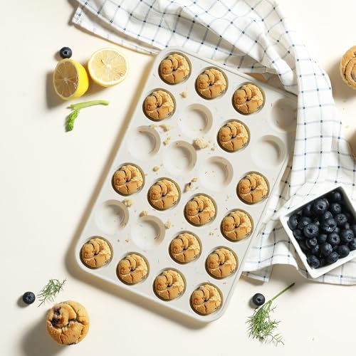 Socisen 2 Pack 24 Cups Silicone Mini Muffin Pan with Metal Reinforced Frame Silicone Molds Cupcake Cake Baking Cheesecake Pans Cookie Baking Chocoflan Cupcake Mold Mini Bundt Cake Pan Women Gift - color: Cream, size: 2pc: 24-Cup Mini