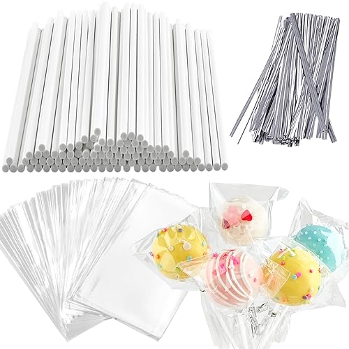 JOERSH 360Pcs Cake Pop Sticks and Wrappers Ties Kit - style: 120 Sticks, 120 Bags, 120 Silver Ties