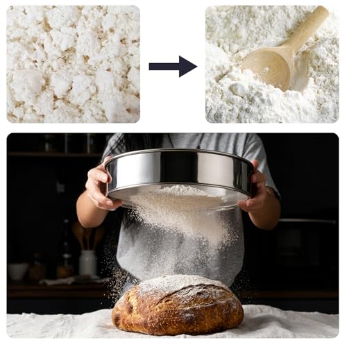 4 Pack Flour Sifter with Hanging Ring, Stainless Steel Fine Mesh Strainers, 5.9”/7.9”/10”/11.8” Round Sieve for Baking Cake Bread, 40 & 60 Mesh (Silver)