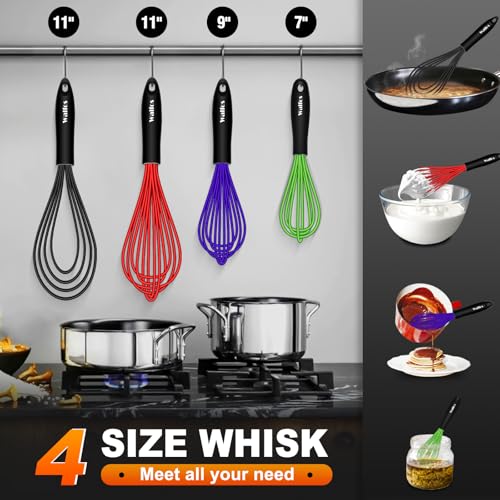Walfos Whisk,Whisks for Cooking Non Scratch.Silicone Whisk Set of 4 Kitchen Whisks-11in Flat and 7+9+11in Balloon .Nice for Mixing,Whisking and Stirring.Dishwasher Safe.(4pcs-Colorful) - color: 4pcs Green + Purple + Red + Black; 7+9+11in & 11in（flat）