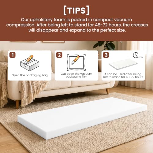 Upholstery Foam 2" x 24" x 72", 1PC High Density ﻿Foam Couch Padding - size: 2" x 24" x 72"