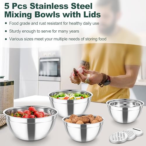 TeamFar Mixing Bowls, Stainless Steel Salad Serving Bowl with Clear Lids - color: Black