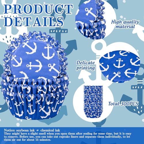 AnyDesign 300Pcs Nautical Anchor Cupcake Liners Paper Baking Cups Ocean Sailing Themed Standard Muffin Cupcake Wrappers for Summer Party Supplies Table Decor - style: Nautical Anchor