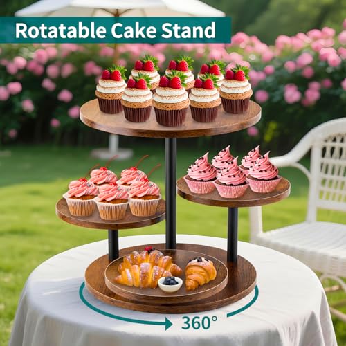 4-Tier Rotating Wood Cupcake Stand for 50 Cupcakes, 360° Rustic Farmhouse Cake Tower with Tiered Trays, Elegant Dessert Display for Weddings, Birthdays, Baby Showers & Tea Parties