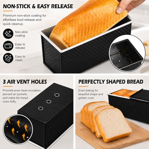 Bread Loaf Pan with Lid, 2-Pack, 2.2LB & 1LB - color: Black with White Interior, size: 2.2LB & 1LB