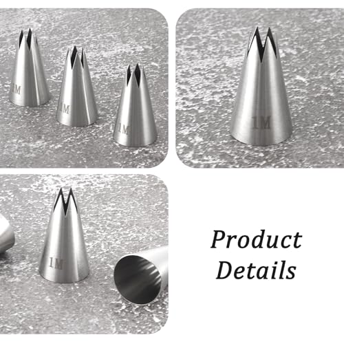 3 Pcs 1M Piping Tips Set, Stainless Steel Star, With Piping Bags