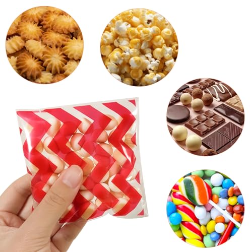 ZYLOP Self Sealing Red Cookie Bags - 200Pcs 4x4 Inch Red Striped Cellophane Treat Bags, Small Clear Plastic Candy Bag for Bakery, Carnival Party Favors, Wedding Sweets & Small Business Packaging - color: Red 200pcs
