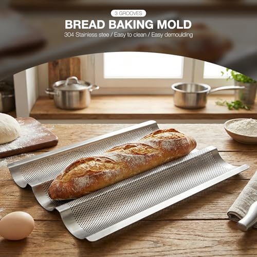 Gavigain French Bread Baking Pan Non-Stick Perforated 3 Loaves Long Italian Bread Pan Mold Baking Tray for French & Italian Perforated
