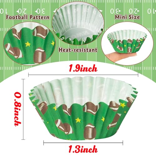 COcnny Football Mini Cupcake Liners - 600pcs Football Themed Mini Baking Cups Muffin Cupcakes Wrappers, Rugby Sport Paper Cake Wrap Making Supplies for Game Day Post-match Celebration Party (6 Styles) - style: Mini Football