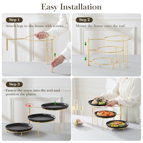 MALACASA Round 3 Tier Serving Tray,10.25 Inch Black Porcelain Dessert Stand - color: Black Gold
