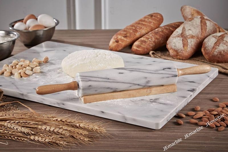 JEmarble Rolling Pin-Wooden Handles(White)(Premium Quality) Polished Surface 18-inch(10"Barrel) Genuine Stone Non-stick Save Effort Easy to Clean - color: Wooden Handle(White)
