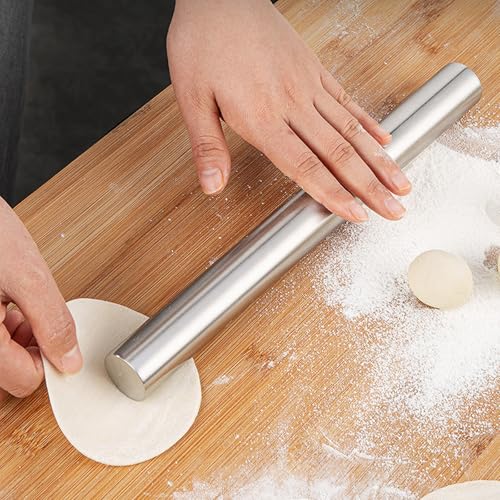 10 Inch Stainless Steel Rolling Pin for Baking - French Smooth Metal Dough Roller for Fondant, Pizza, Pie, Cookie & Pastry, Professional Kitchen Tool