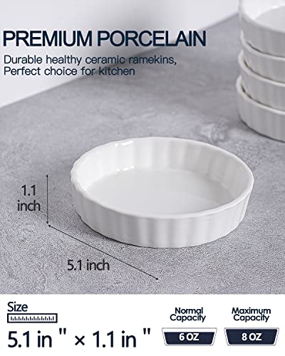 Taeochiy 8 Oz Creme Brulee Ramekins, Porcelain Ramekins Oven Safe, Round Tart Pan Mini Fluted Quiche Dishes, Set of 6, White (Pack of 2) - size: 5.1*1.1 (Pack of 2)