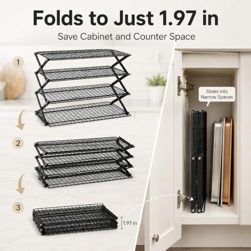 4-Tier Collapsible Cooling Rack with Adjustable 3 Setting Design Stackable Drying Wire Cooling Rack for Cooking and Baking, Roasting ＆ Grilling Gifts for Picnic Party, 2/3/4-Tier Upgraded