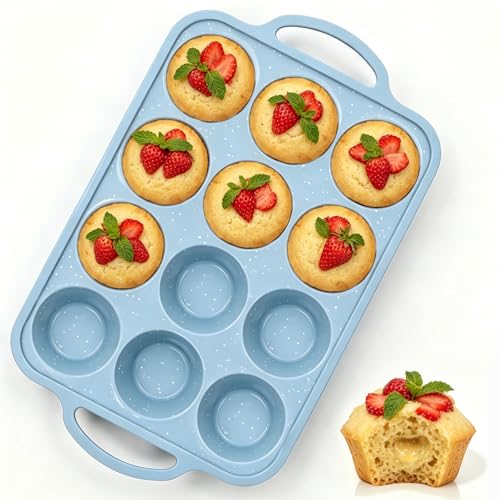 Silicone Muffin Pan, Metal Frame Regular Cupcake Pan Silicone Molds 12 Cups - color: Blue, size: Regular: 1pc