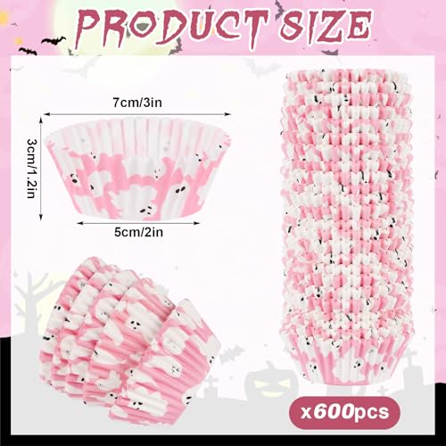 600 Pack Halloween Cupcake Liners Pink Ghost Baking Cups Standard Size Muffin Liners for Halloween Party Candy Cake Decorations Supplies - style: Pink Ghost